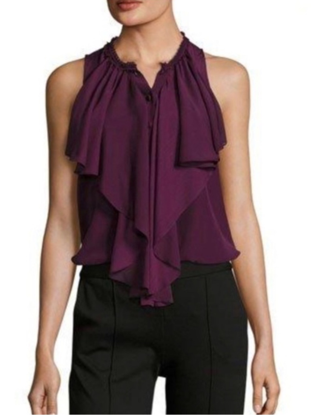 Alice & Olivia Elisa high button neck ruffle blouse in wine